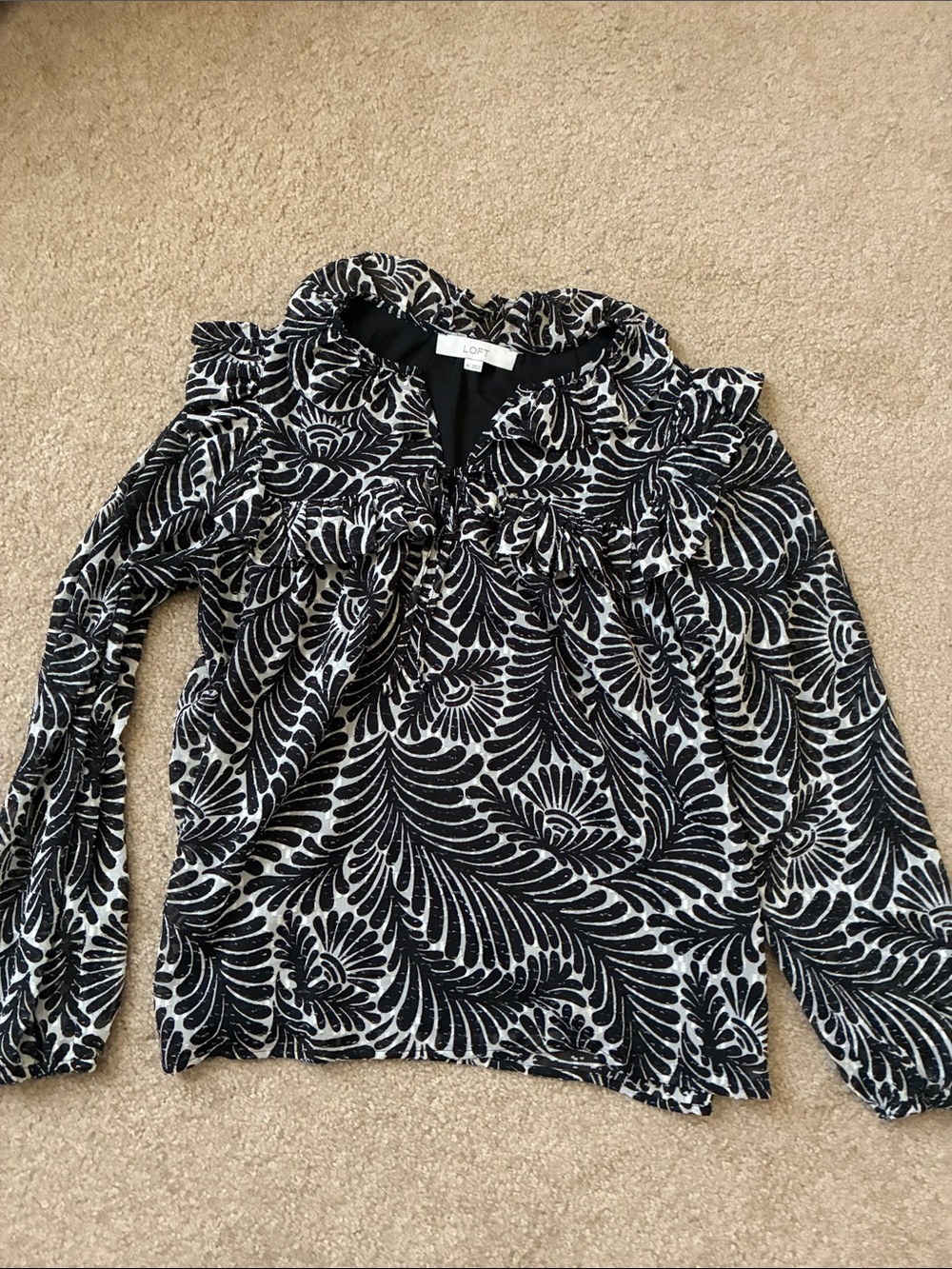 LOFT Black and White Floral Swirl Ruffle-Trim Blouse